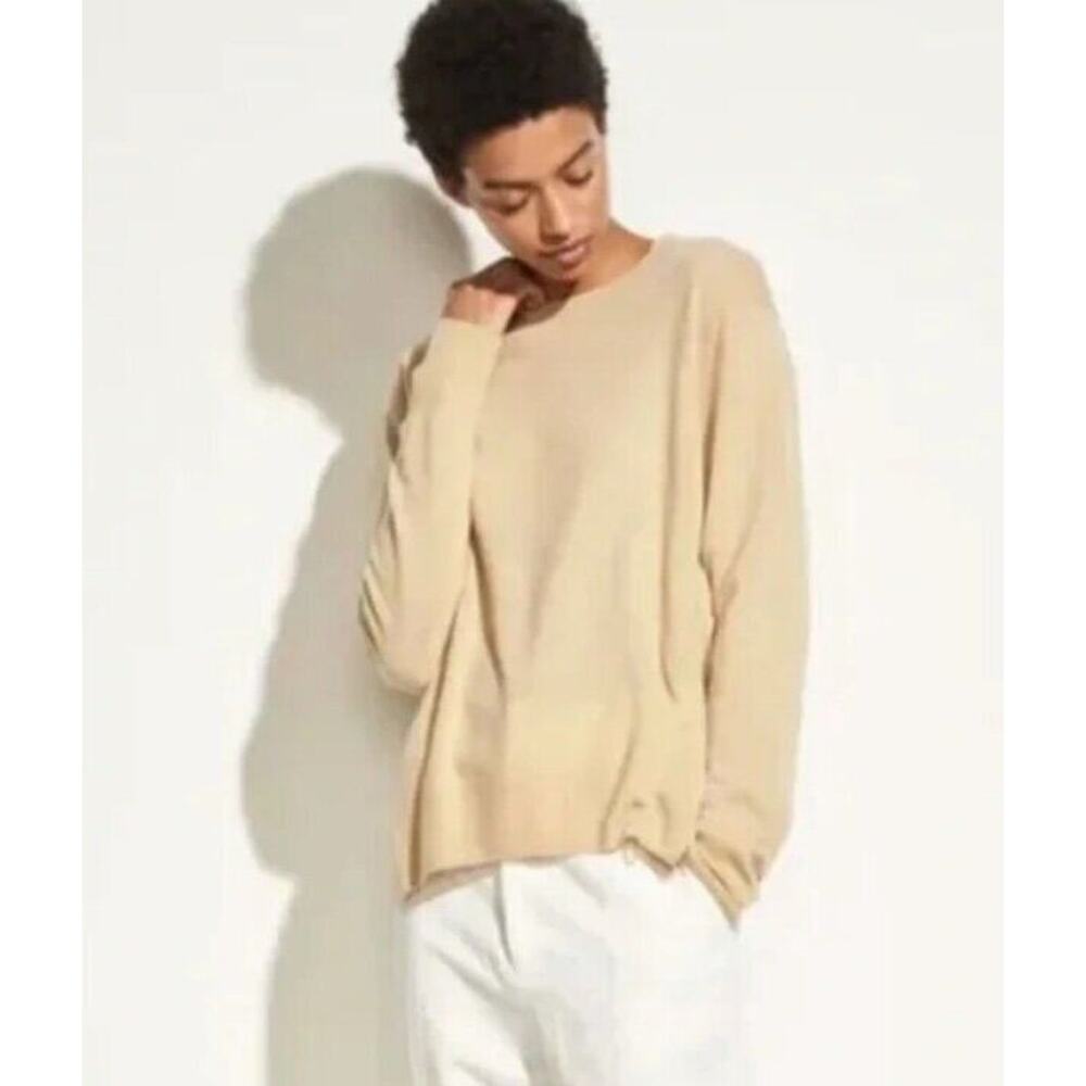 VINCE Sz S Small Beige Tan 100% Cashmere Ruched Cinch Side Pullover Sweater